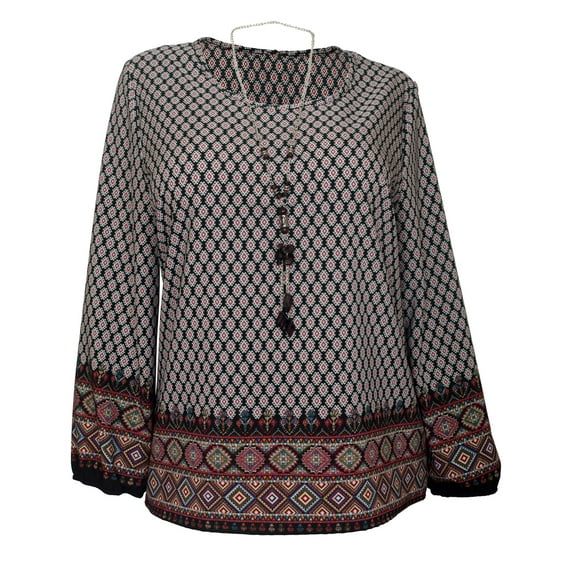 eVogues Plus Size Long Sleeve Top Black Abstract Print