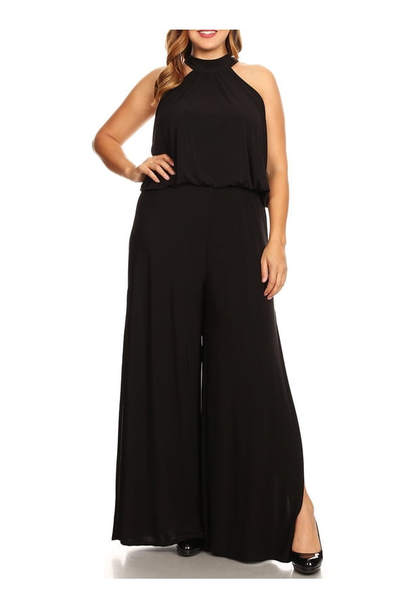 eVogues Plus Size Maxi Length Halter Jumpsuit Black
