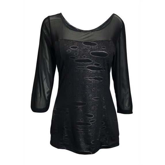 eVogues Plus Size Mesh-Yoke Wide Scoop Neck Top Black Gray