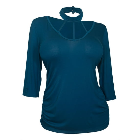 eVogues Plus Size Mock Turtleneck Cutout Top Teal