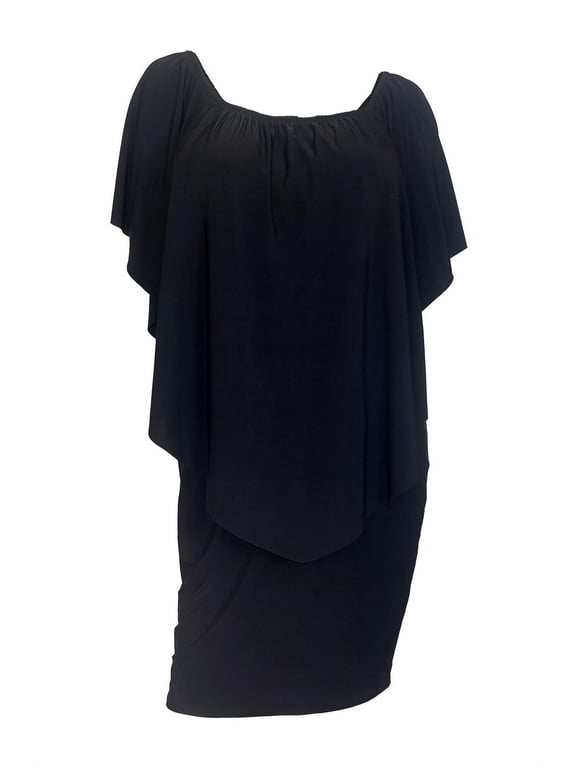 eVogues Plus Size On/Off Shoulder Layered Poncho Dress Black 19618