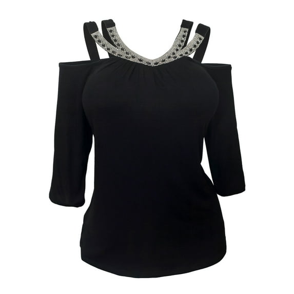 eVogues Plus Size Rhinestone Detail Cold Shoulder Top Black