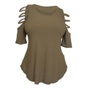 eVogues Plus Size Ribbed Cut Out Short Sleeve Top Olive