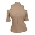 thumbnail image 1 of eVogues Plus Size Ribbed Off Shoulder Top Taupe, 1 of 4