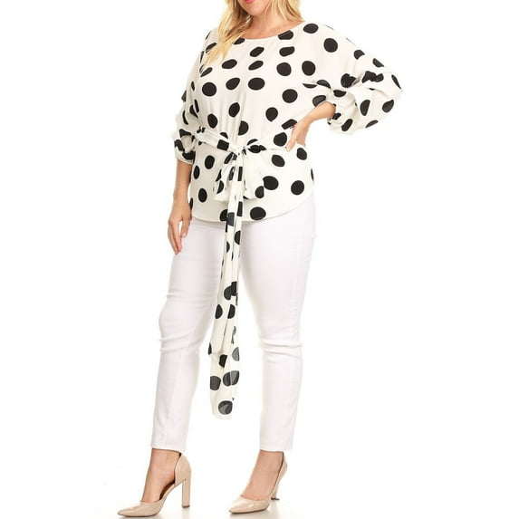 eVogues Plus Size Round Neck Chiffon Wrap Back Top Polka Dot Print White