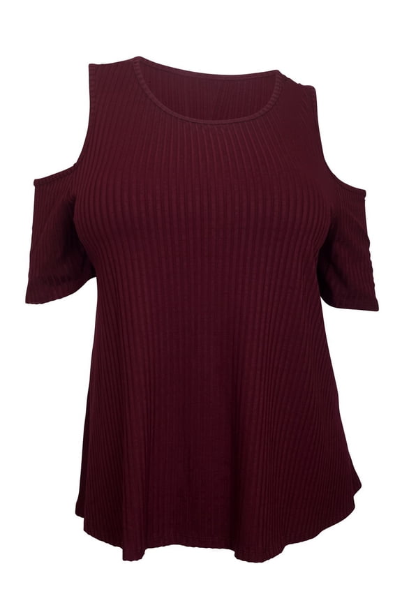 eVogues Plus Size Round Neck Ribbed Off Shoulder Top Burgundy
