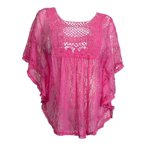 eVogues Plus Size Sheer Crochet Lace Poncho Top Fuschia