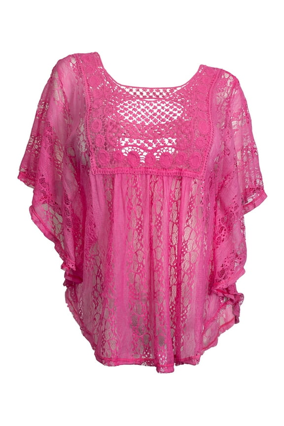 eVogues Plus Size Sheer Crochet Lace Poncho Top Fuschia