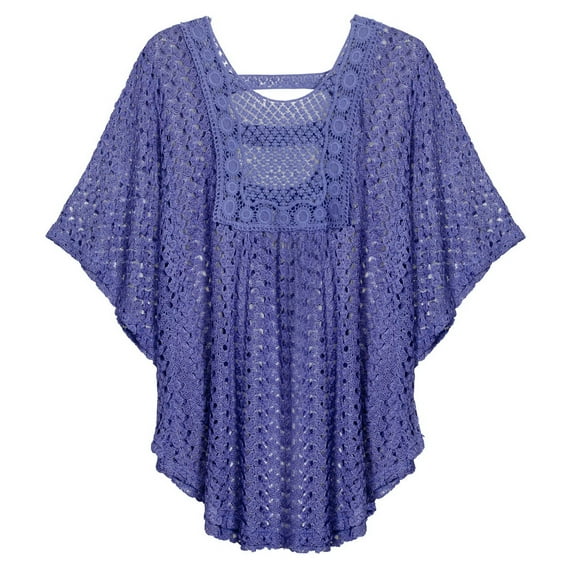 eVogues Plus Size Sheer Crochet Poncho Top Purple