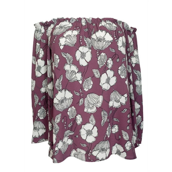 eVogues Plus Size Smocked Off The Shoulder Tunic Top Mauve Floral