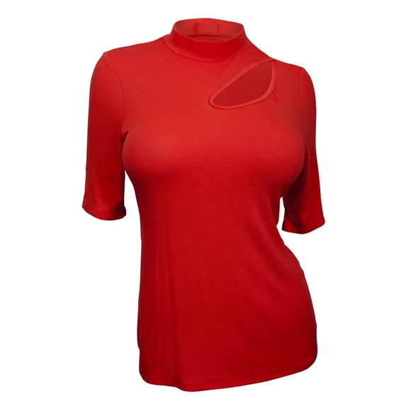 eVogues Plus Size Turtle Neck Cutout Top Coral