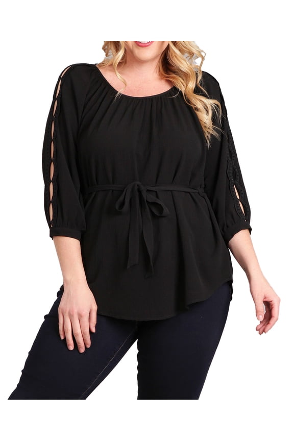 eVogues Plus Size Waist Tie Hi-Lo Hem Top Black
