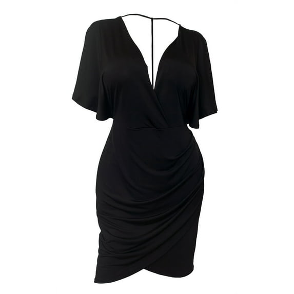 eVogues Plus size Deep V-Neck Wrap Bodice Dress Black 18528