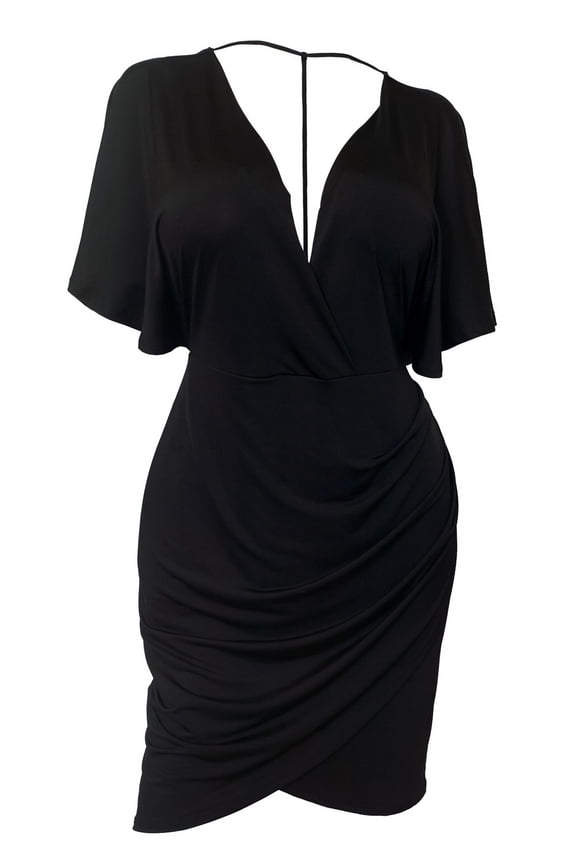 eVogues Plus size Deep V-Neck Wrap Bodice Dress Black 18528