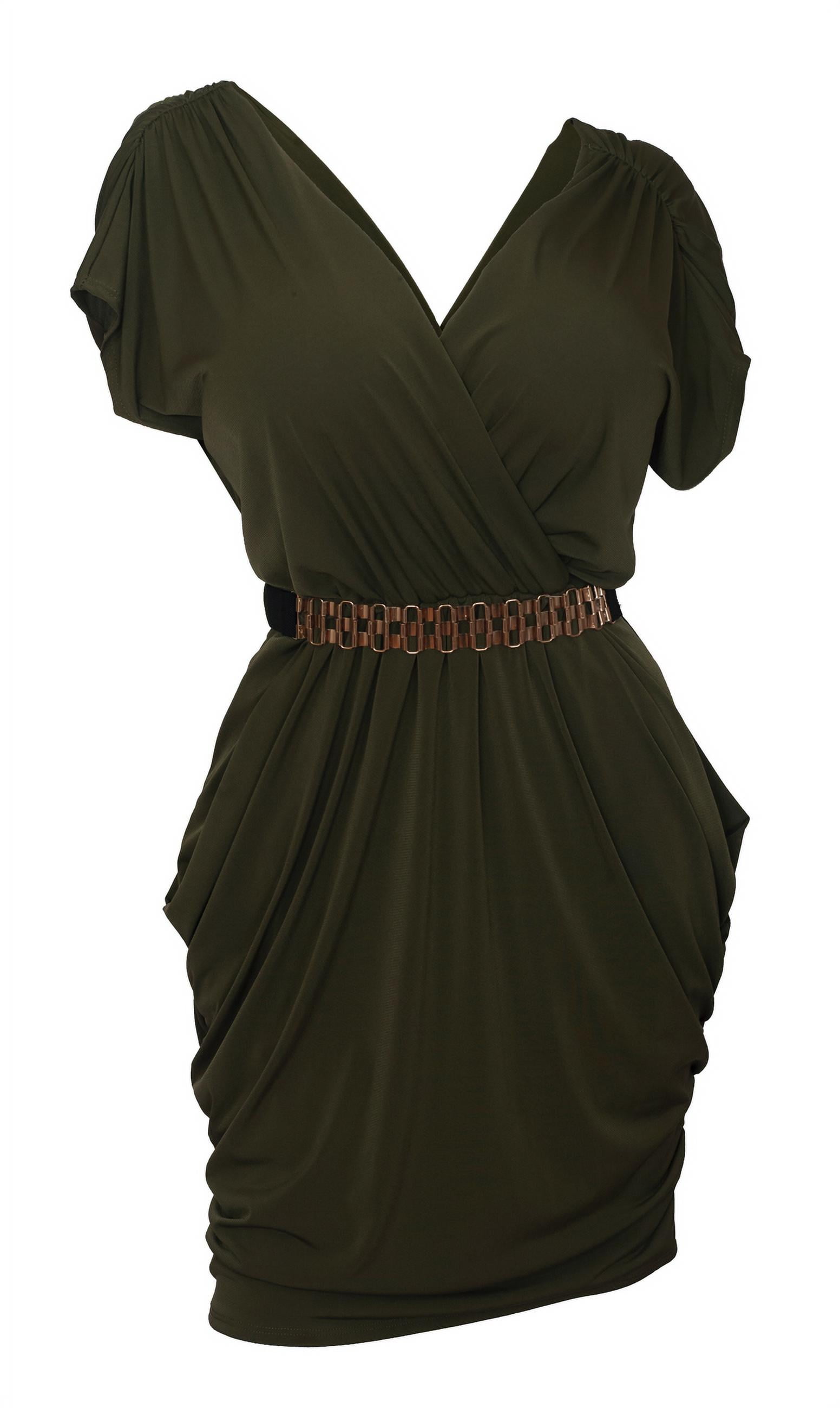 eVogues Apparel eVogues Plus size Deep V-Neck Wrap Bodice Dress Dark Olive Green, Women's, Size: 1XL