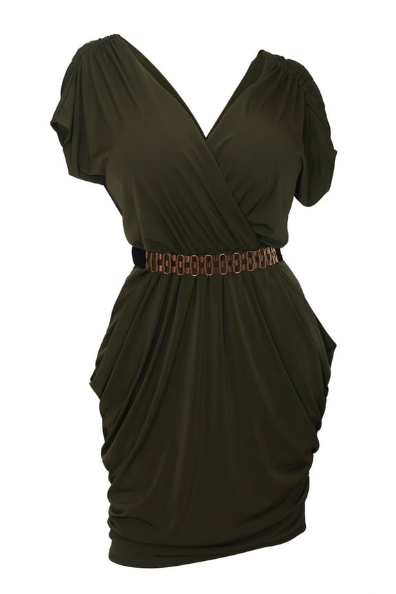eVogues Plus size Deep V-Neck Wrap Bodice Dress Dark Olive Green