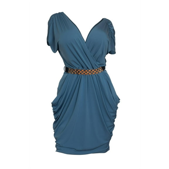 eVogues Plus size Deep V-Neck Wrap Bodice Dress Storm Blue