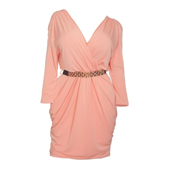 eVogues Plus size Deep V-Neck Wrap Bodice Long Sleeve Dress Peach