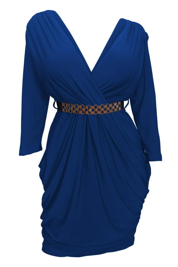 eVogues Plus size Deep V-Neck Wrap Bodice Long Sleeve Dress Royal Blue