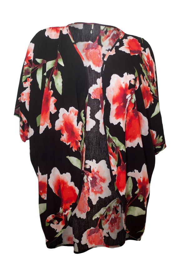 eVogues Plus size Long Open Front Kimono Cardigan Black Floral Print 18421