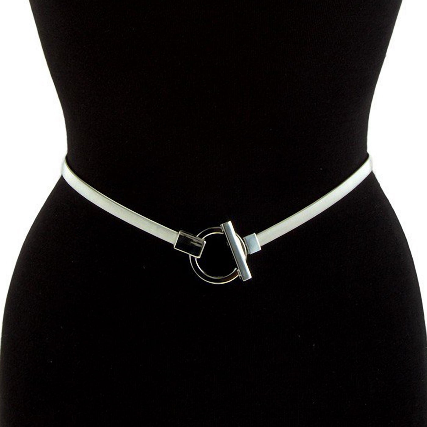 Metallic Circle-Buckle Waist Belt - Silver Women Wide Fashion Belt Hip High Waist White Faux Leather  main image 2