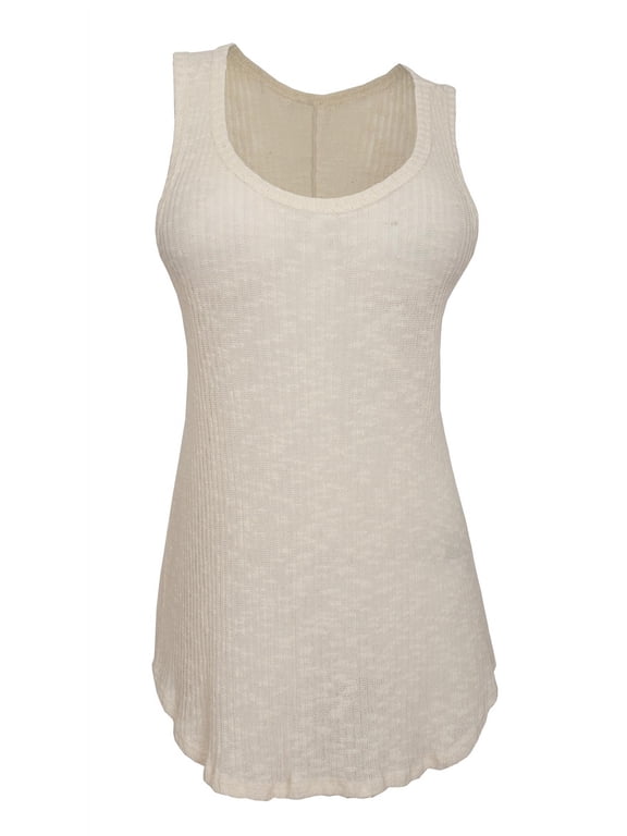 eVogues Plus size Sheer Cotton Knit Sleeveless Tunic Top Ivory