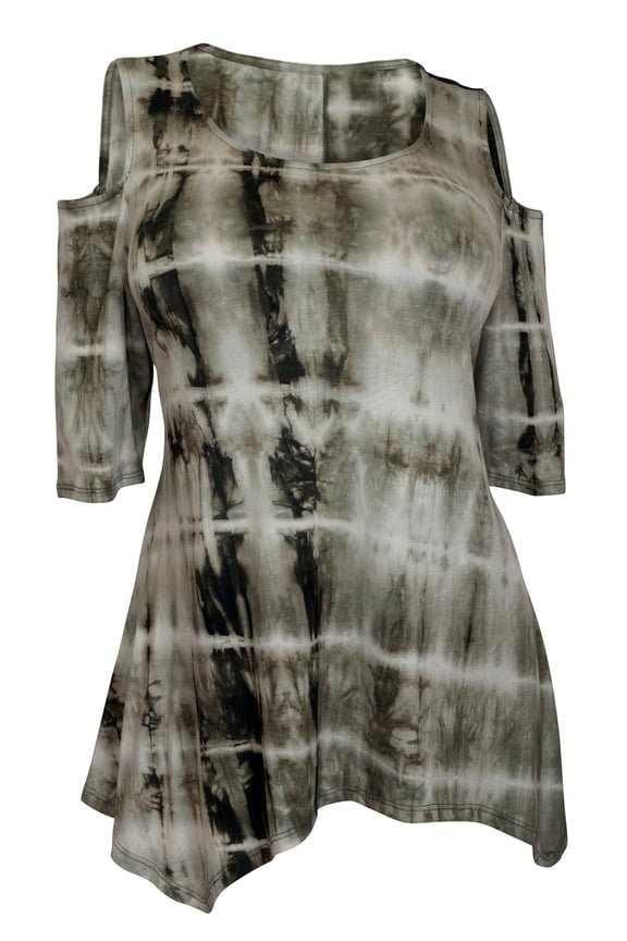 eVogues Plus size Tie Dye Cold Shoulder Top Olive