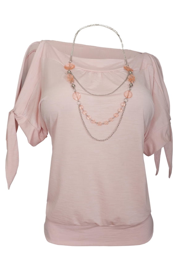eVogues Women's Cold Shoulder Top with Necklace Detail Pink
