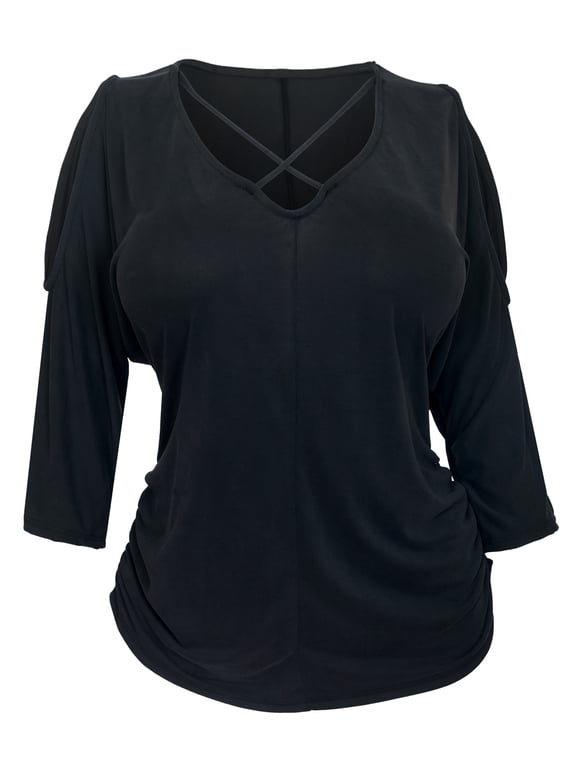 eVogues Women's Criss Cross String Cold Shoulder Top Black