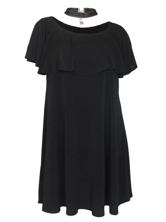 eVogues Women's Flounce Layered Bodice Mini Dress With Necklace Detail Black