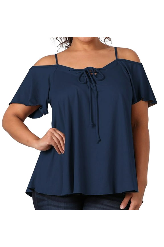 eVogues Women's Lace Up Cold Shoulder Top Navy 17117
