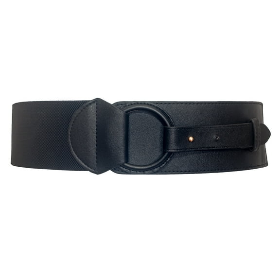 eVogues Women's Leatherette O-ring Buckle Elastic Wide Fashion Belt Black