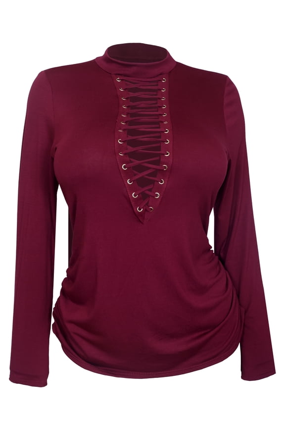 eVogues Women's Mock Neck Lace Up Long Sleeve Top Wine