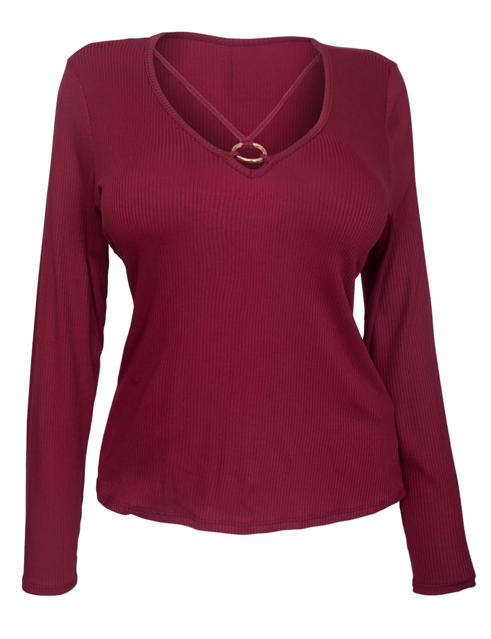 eVogues Women's O-ring Detail Long Sleeve Top Burgundy