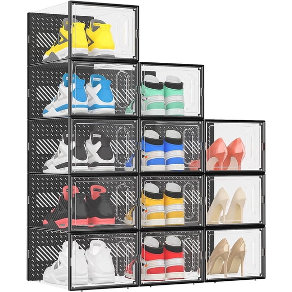 eWonLife X-Large Shoe Boxes with Magnetic Door, 12-Pack Stackable Shoes Storage Organizer for Closet, Clear Plastic Sneaker Container Rack Size 12, Black
