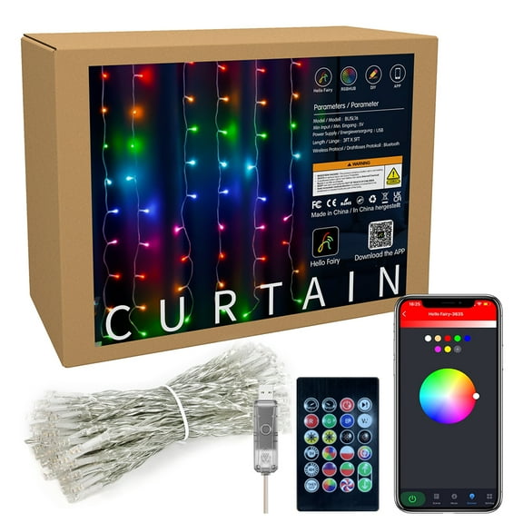 eXemptCares Dreamcolor Curtain String Lights 96 LEDs 3 x 5 FT Hello Fairy App and Remote Control