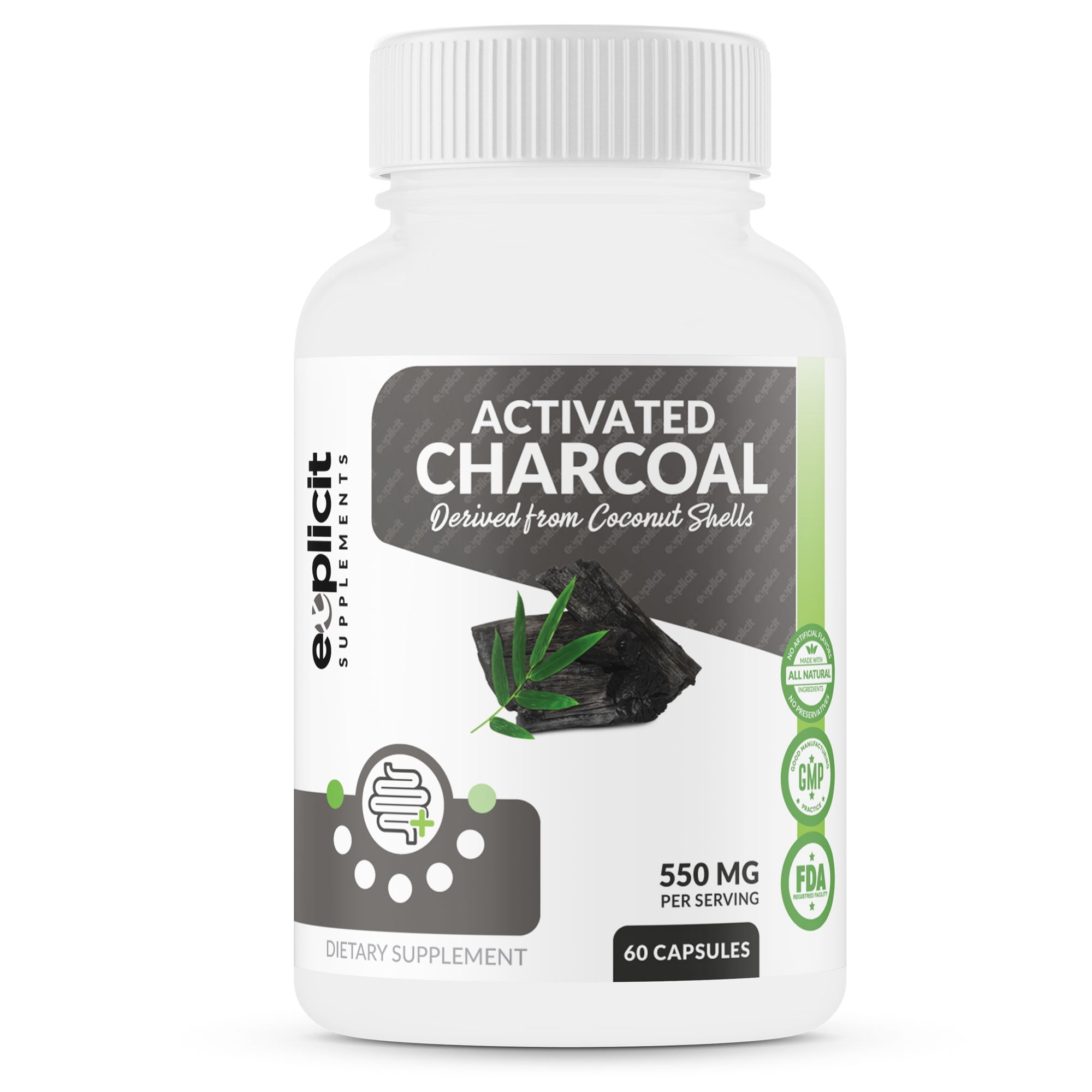 eXplicit Supplements Activated Charcoal Capsules - Highly Absorbent, Helps Alleviate Gas, Bloating with Natural Detoxification - 60 Capsules