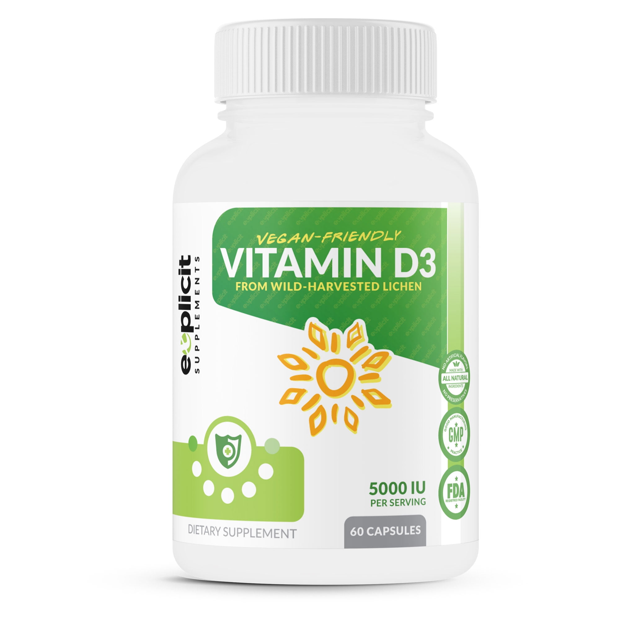 eXplicit Supplements Vegan Vitamin D 5000IU Natural Vitamin D3 2 Month Supply Great for