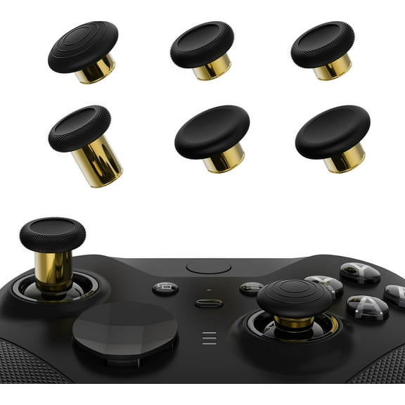 eXtremeRate 6 in 1 Metal Replacement Thumbsticks for Xbox Elite Series 2 Controller, Black & Metallic Hero Gold Swappable Magnetic Analog Stick Joystick Caps for Xbox Elite 2 Controller -Model 1797