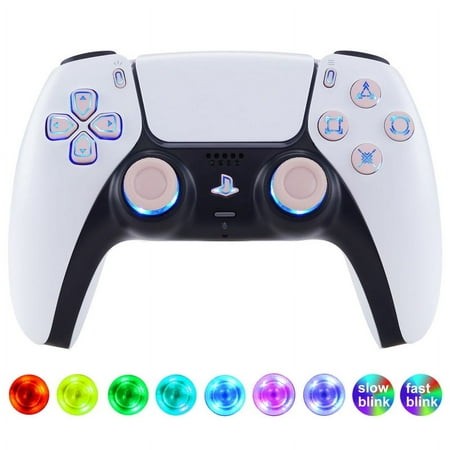 eXtremeRate 7 Colors 9 Modes Luminated Dpad Thumbsticks Share Home Face Buttons for PS5 Controller BDM-030 040 050, Cherry Blossoms Pink Classical Symbols Buttons DTF LED Kit for PS5 Controller