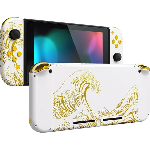 eXtremeRate Back Plate for Nintendo Switch Console, NS Joycon Handheld Controller Housing Shells with Full Set Buttons, DIY Shell for Nintendo Switch - The Great GOLDEN Wave Off Kanagawa - White