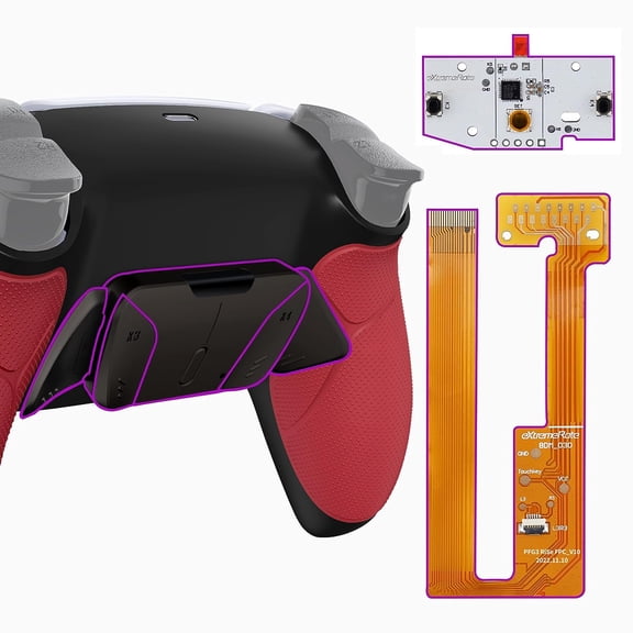 eXtremeRate Black Real Metal Buttons (RMB) Version RISE4 Remap Kit for PS5 Controller BDM-030 with Red Rubberized Grip Redesigned Black Back Shell, Upgrade Board & 4 Back Buttons for PS5 Controller