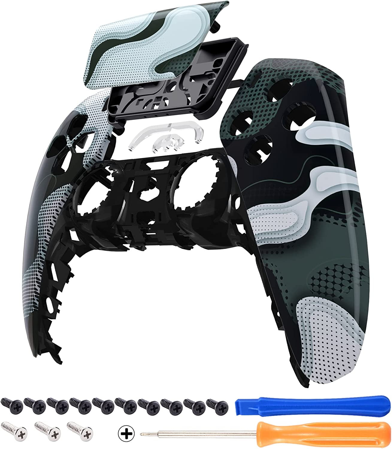 eXtremeRate Black White Camouflage Touchpad Front Housing Shell Replacement Cover for PS5 Controller BDM-010/020/030/040