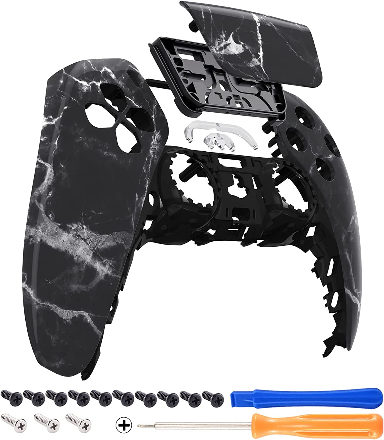 eXtremeRate Black White Marble Effect Touchpad Front Housing Shell Replacement Cover for PS5 Controller BDM-010/020/030/040