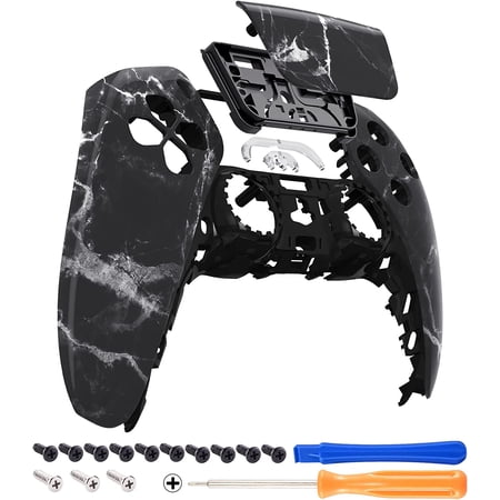 eXtremeRate Black White Marble Effect Touchpad Front Housing Shell Replacement Cover for PS5 Controller BDM-010/020/030/040