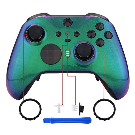 eXtremeRate Chameleon Green Purple Faceplate Cover, Glossy Front Shell for Xbox One Elite Series 2 Model 1797, Xbox One Elite Series 2 Core - Thumbstick Accent Rings Included