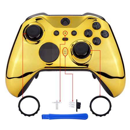 eXtremeRate Chrome Gold Edition Glossy Faceplate Cover for Xbox One Elite Series 2 Controller Model 1797, Xbox One Elite Series 2 Core - Thumbstick Accent Rings Included