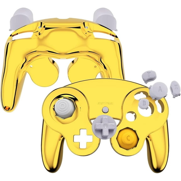 eXtremeRate Chrome Gold Glossy Faceplate Backplate for Nintendo GameCube Controller, Replacement Housing Shell Cover with Buttons for Nintendo GameCube Controller NGC - Controller NOT Included