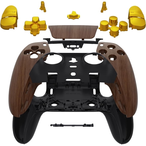 eXtremeRate Full Set Housing Shell with Buttons Touchpad Cover , Wood Grain & Black Replacement Decorative Trim Shell Front Back Plates Compatible with ps5 Edge Controller