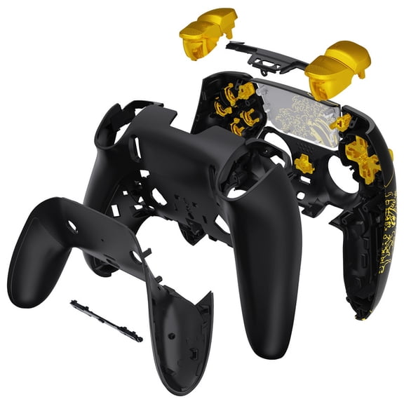 eXtremeRate Full Set Shell with Buttons Touchpad Cover Compatible with p s 5 Edge Controller, Replacement Decorative Trim Shell Front Back Plates - The Great GOLDEN Wave Off Kanagawa - Black